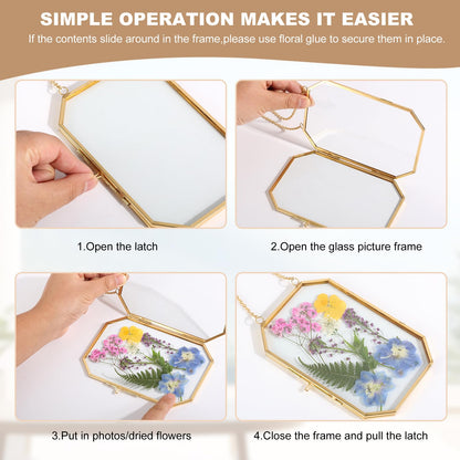 5 PcsDouble Glass for Pressed Flowers,Clear Brass Embossed Frame with Tweezers,Can Be Used for Dried Flower Plant Photo Postcards Wall Mounted Glass Pressed Flower Frame,No Dried Flowers