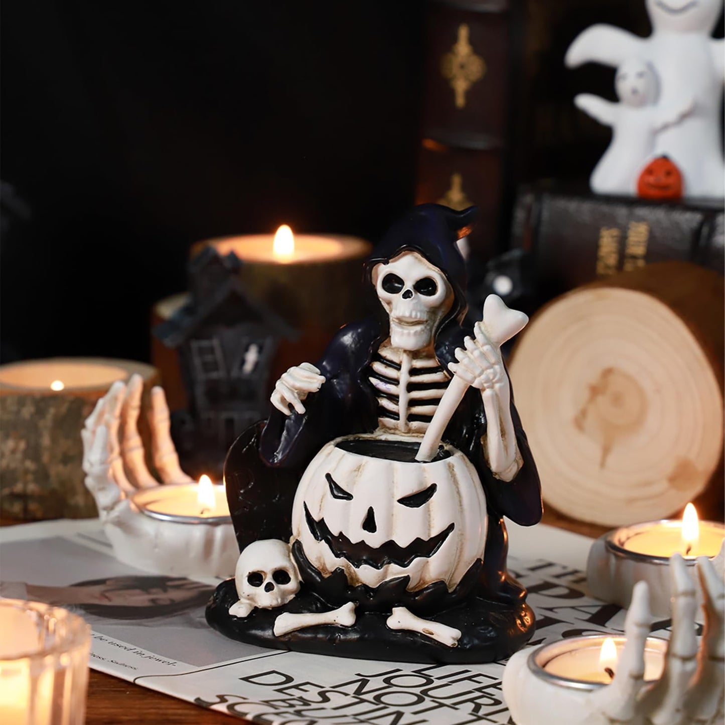 VesHome Halloween Witch Skeleton Figurine – Resin Grim Reaper Decor, Gothic Spooky Decoration for Desk, Bookshelf, Halloween Party or Haunted House Display