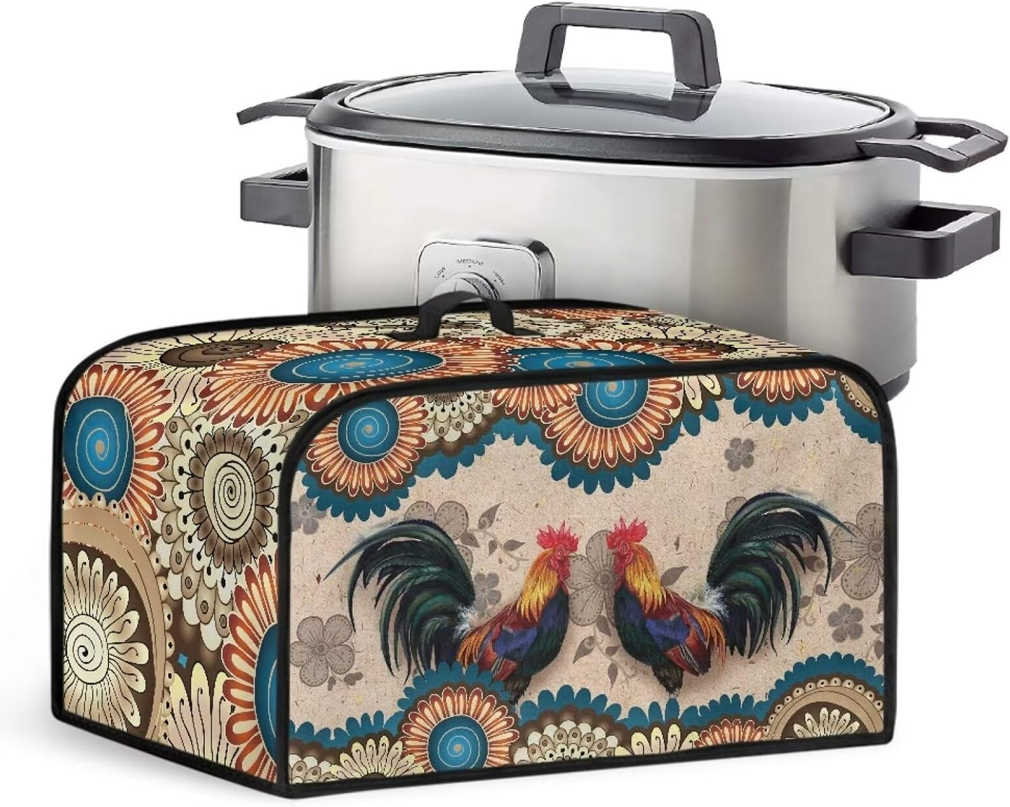 Rooster Boho Slow Cooker Dust Cover with Handle and Side Pocket for 6-8 Quart Kitchen Appliances