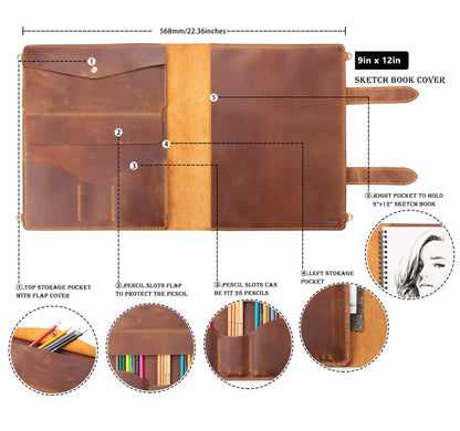 Robrasim Handmade Leather Sketchbook Cover, Artist Sketch Pad Holder for 9"X12" Sketchbook, Drawing Book and Pencil Case, Journal Notebook Portfolio with Shoulder Strap, Artist Gifts, Brown