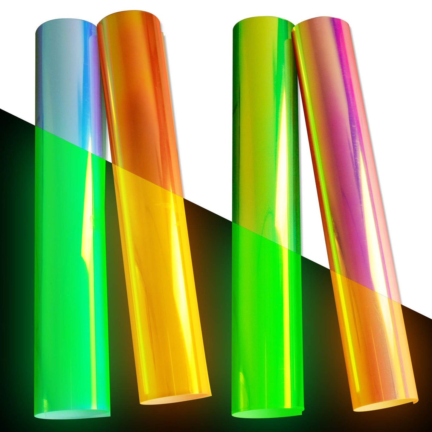 Holographic Glow in The Dark Heat Transfer Iron on Vinyl - 4 Pack 12" x 10" Luminous Chameleon HTV Vinyl Bundle Sheets for T-Shirts (4 Colors)