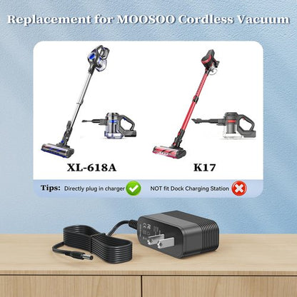 26V Charger for MOOSOO Cordless Vacuum Cleaner Power Cord Replacement for MOOSOO M X6 XL618 XL-618A K17 K17 Pro VC01 M24 M8 Stick Vacuum Cleaner Power Adapter Supply