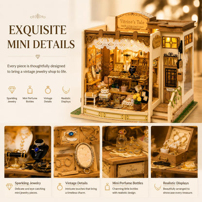 DIY Miniature House Kit, 428 PCS Jewelry Shop DIY Book Nook Kit with LED, 3D Wooden Puzzle Miniature Doll House Kit for Arts and Crafts Decor - Unique Tiny Home Kits Gifts for Women & Adults