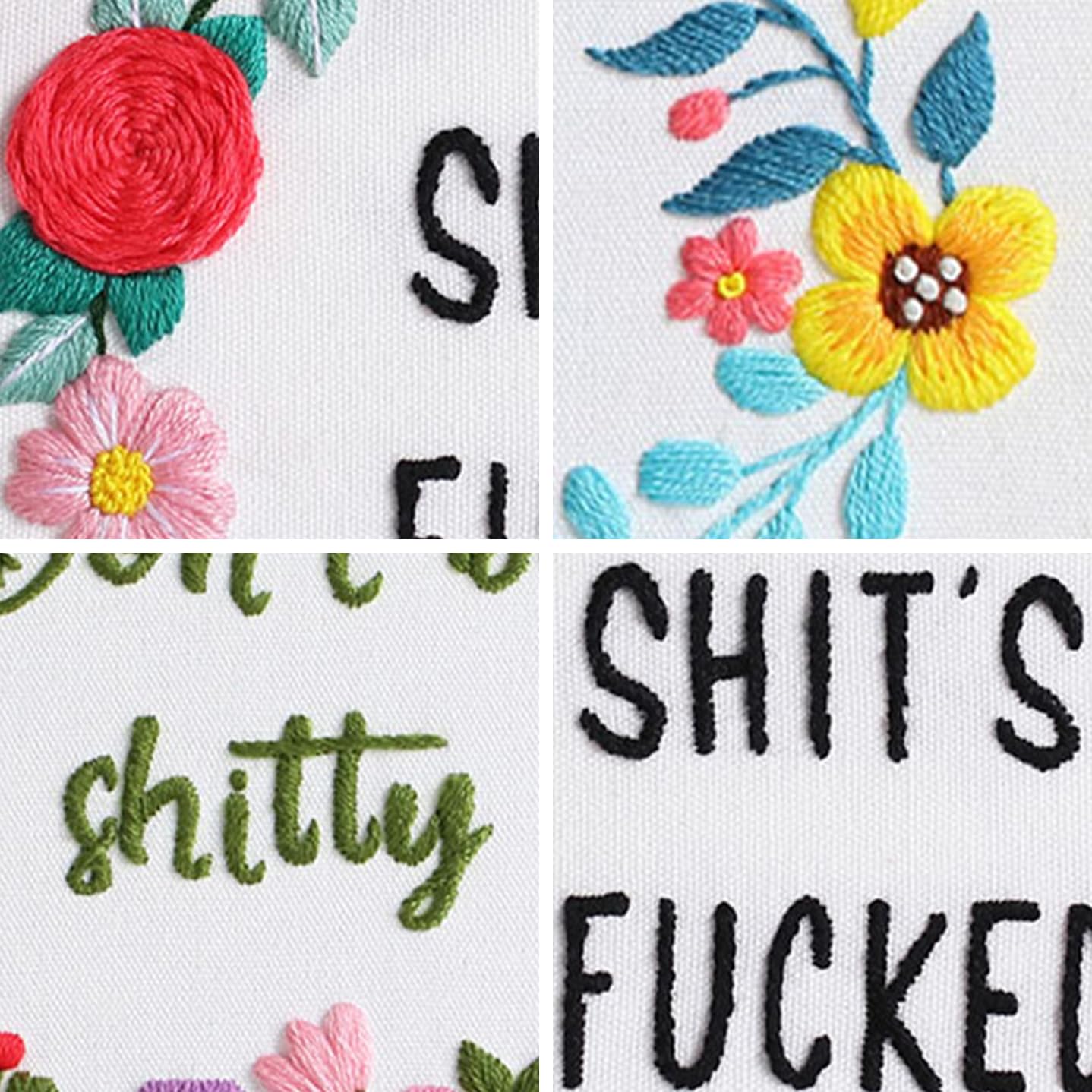 Louise Maelys 3 Sets Funny Embroidery Kits for Beginners,Cross Stitch Kit for Adults,DIY Starters Needlepoint with Flower Wreath Pattern,Including Instruction and Threads