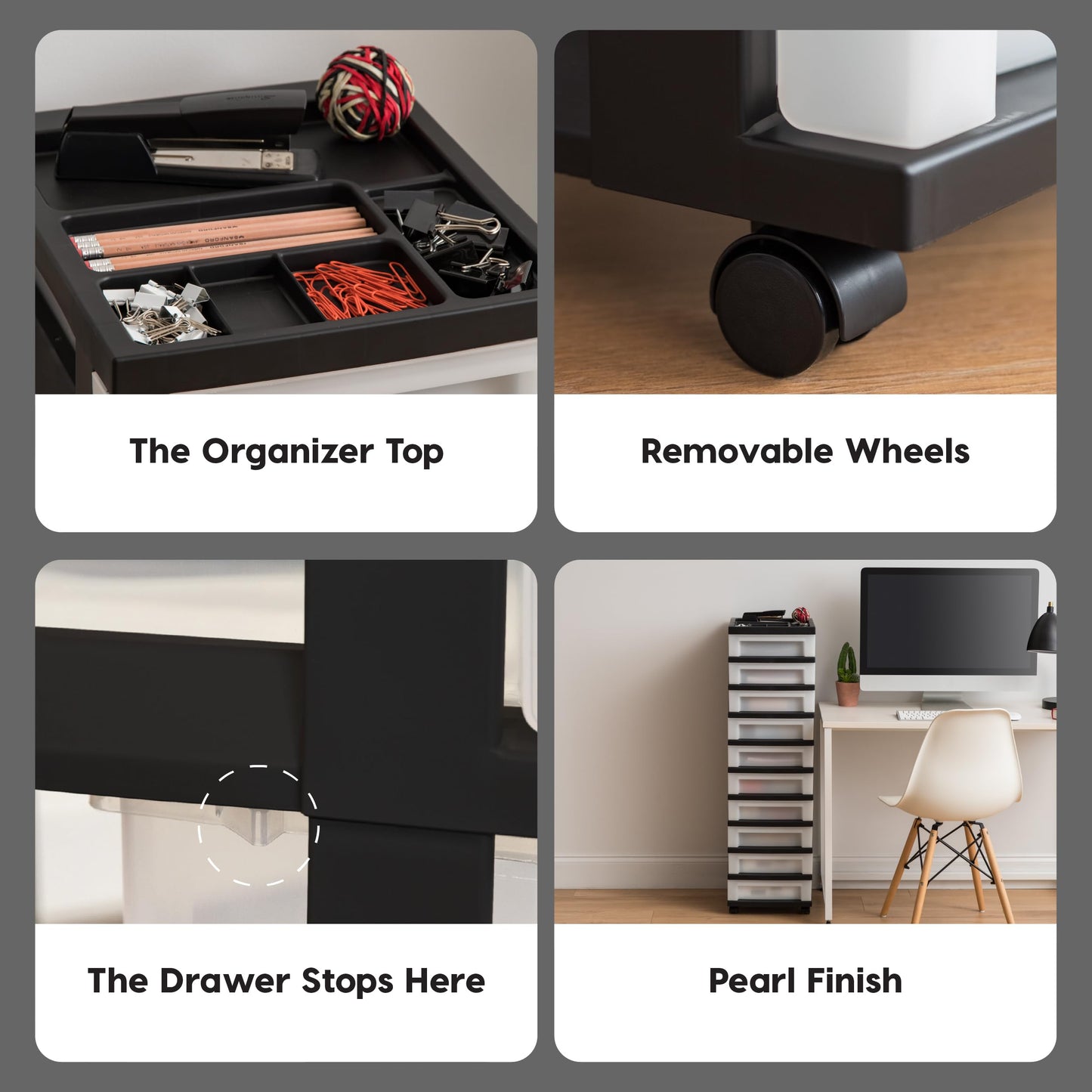 IRIS USA Plastic Drawer Storage Organizer Rolling Cart, with Wheels Casters, 10-Drawers, for Classroom Art Craft Supplies Dresser Closet Bathroom Laundry Room, Black/Pearl
