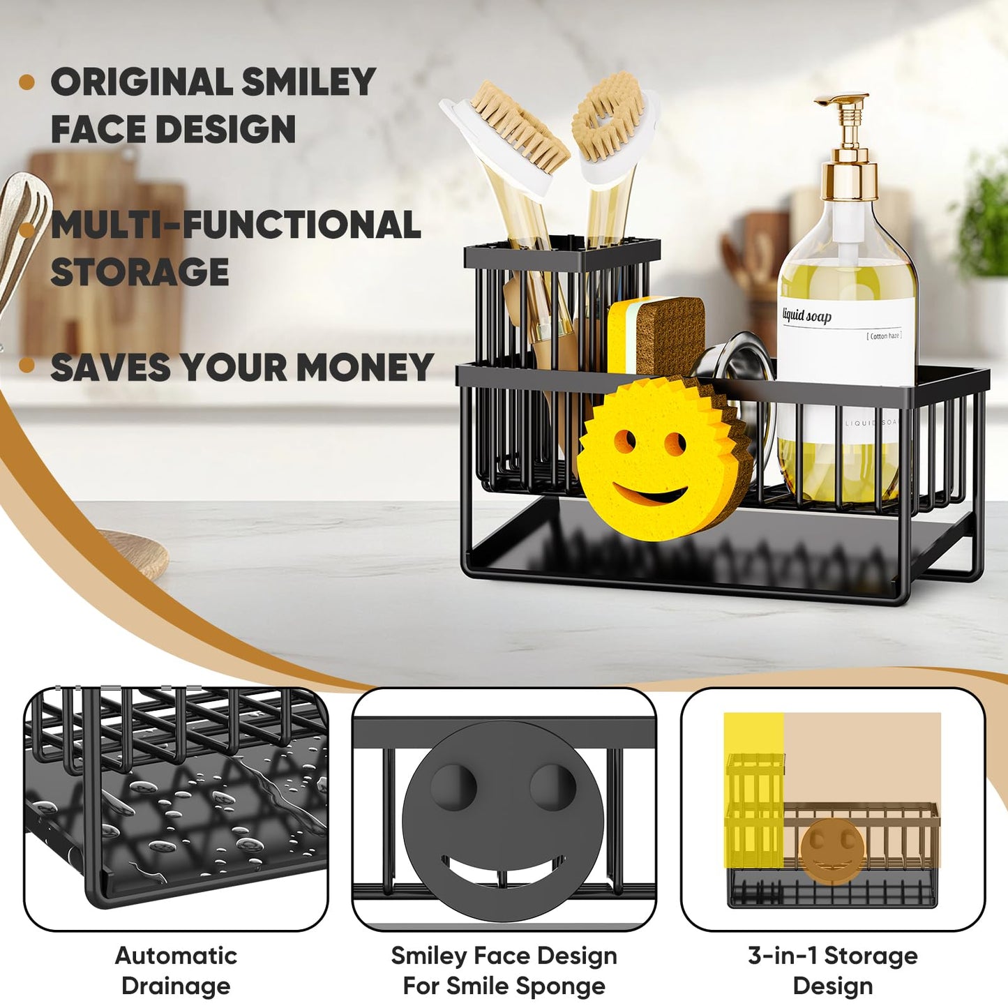 Taugast Sponge Holder for Kitchen Sink,Smiley Face Sink Caddy with Removable Brush Holder,Self-Draining Sponge Caddy for Sponge,Soap,Dish Brush,Scrubber,Kitchen Essentials and Gadgets