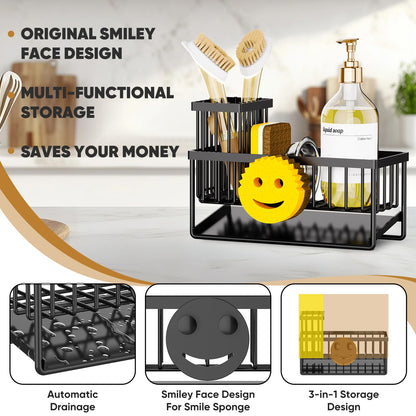 Taugast Sponge Holder for Kitchen Sink,Smiley Face Sink Caddy with Removable Brush Holder,Self-Draining Sponge Caddy for Sponge,Soap,Dish Brush,Scrubber,Kitchen Essentials and Gadgets