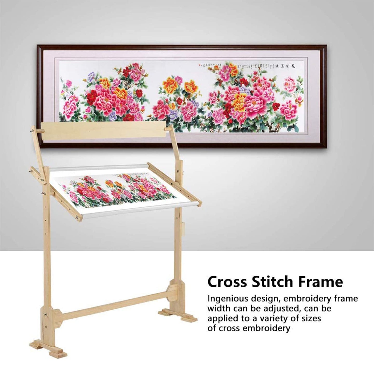 Adjustable Embroidery Stand, Wooden Frame Cross Stitch Floor Stand 360° Rotated Needlework Stand Holder Lap Table Craft Sewing Tool with Scroll Frame