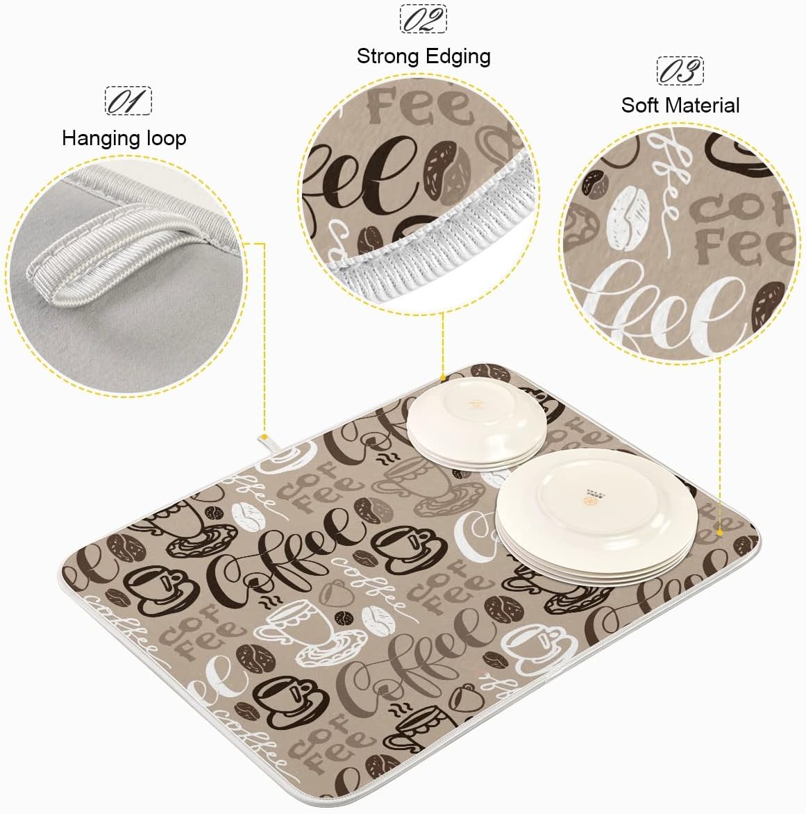 Coffee Mat for Coffee Cup Drying, Medium Brown Coffee Maker Mat, Microfiber Dish Drying Mats, 16x18 Inch