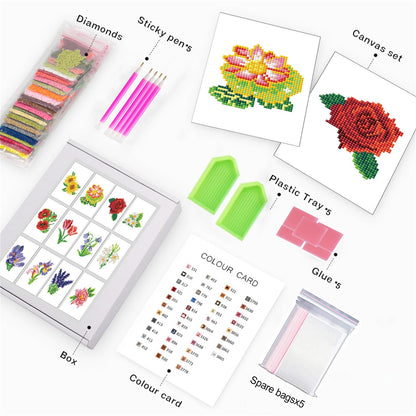 Haocy 12pcs Small Flower Diamond Art Kits for Adults,Mini Flowers Diamond Painting Kits Quick Gem Art for Beginner,1-Hour Postcard-Style,Paint by Diamond Mosaic,Home Wall Decor (flower-005)