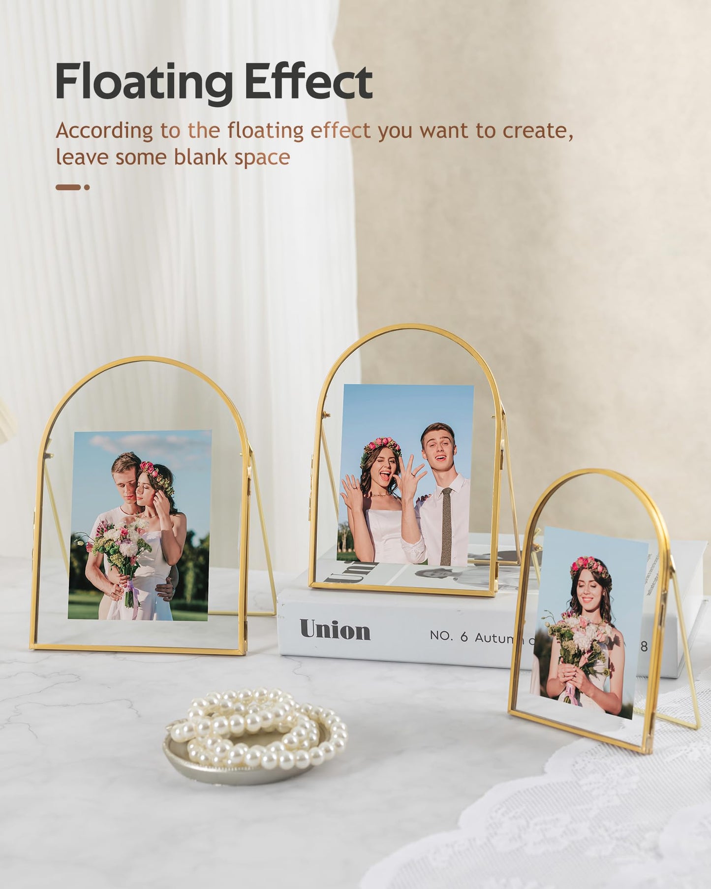 Jajamy Set of 3 Gold Floating Picture Frame, 4x6, 5x7, 6x8 Arched Glass Floating Frames, Vintage Brass Gold Picture Frame for Artwork Photos Tabletop Display