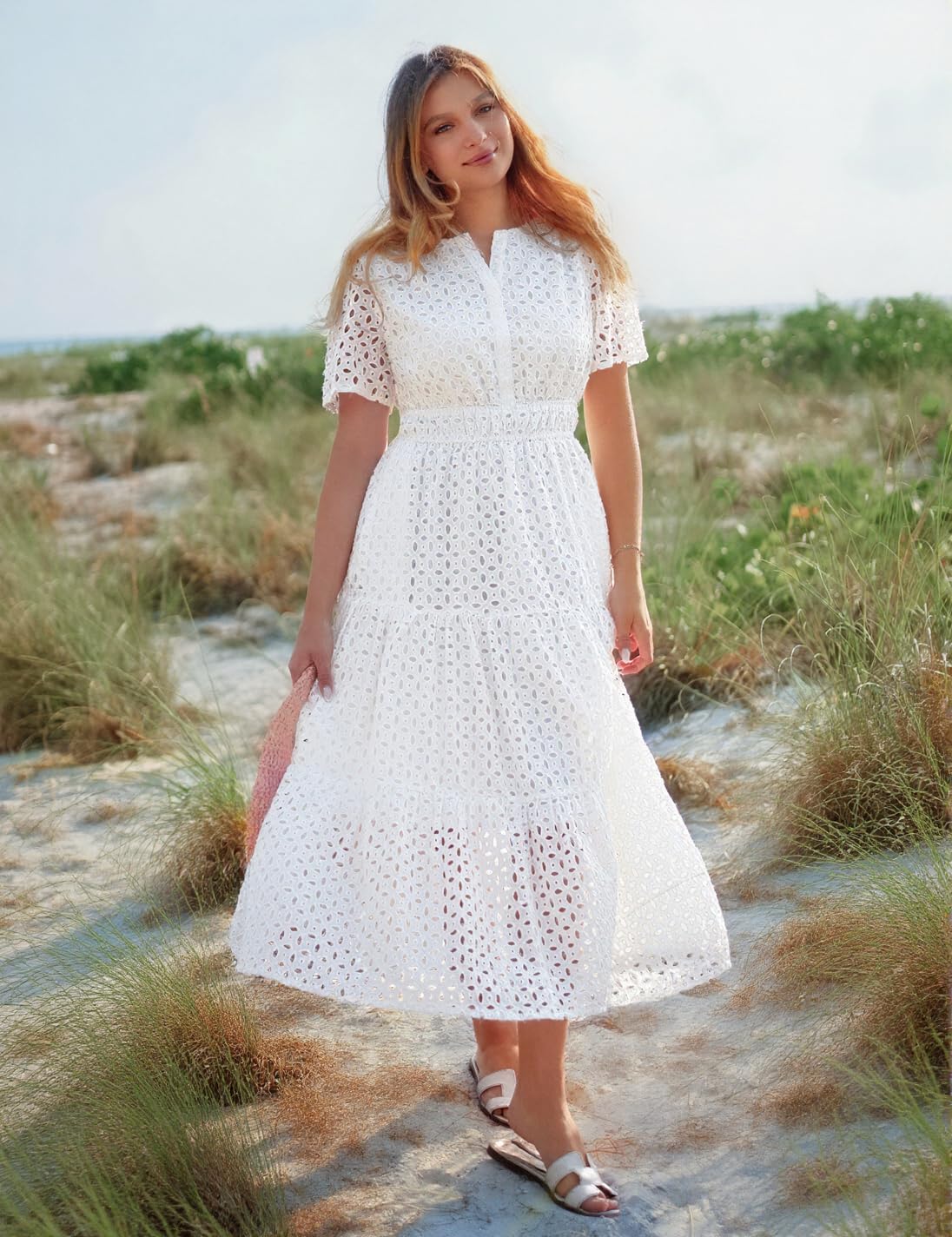 ZESICA Women's 2025 Summer Short Sleeve Maxi Dress Casual V Neck Hollow Out Eyelet Ruffle Swing A Line Long Dresses,White,Small
