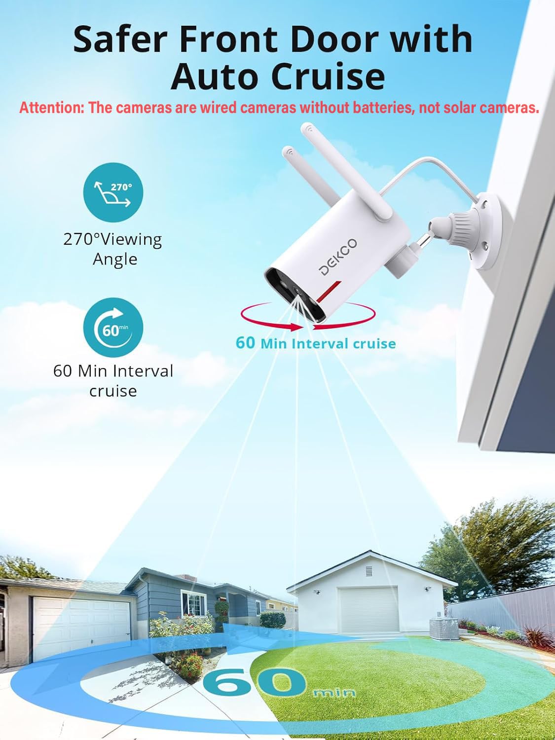 DEKCO Outdoor Security Camera 2K Pan Rotating 180° Wired WiFi Cameras for Home Security with Two-Way Audio, Night Vision, 2.4G WiFi, IP65, Motion Detection Alarm (2 Pack)