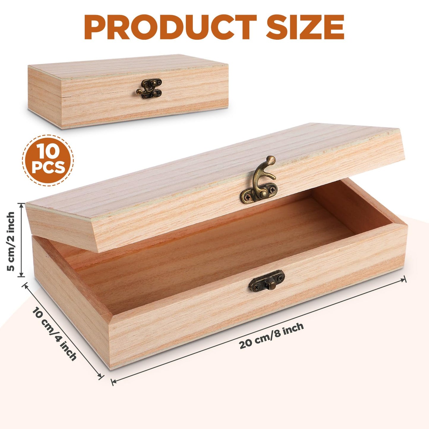 10 Pack Wooden Box with Hinged Lid, Unfinished Wood Box for Crafts, Large Unpainted Wooden Boxes for DIY Art Gifts Storage Jewelry, 8x4x2 Inch