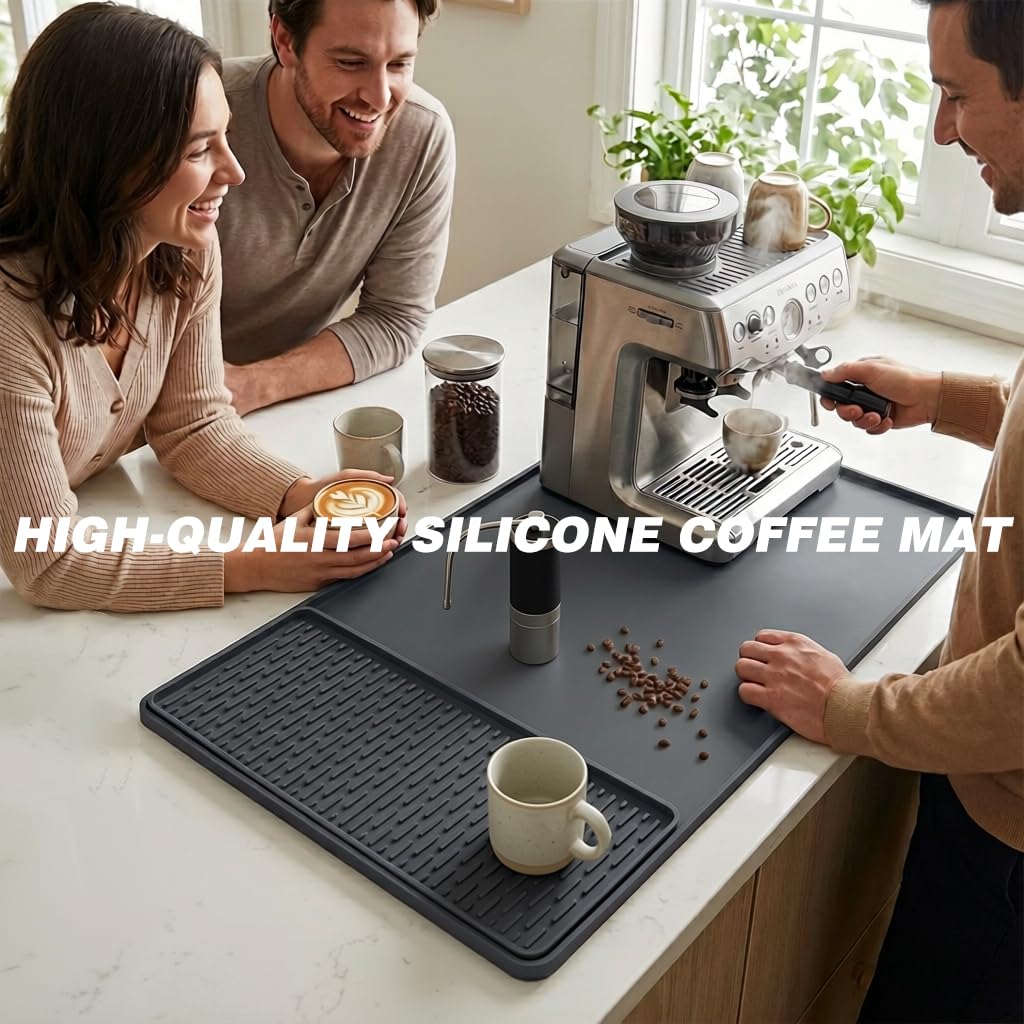 Caketime 2 In 1 Silicone Coffee Bar Mat Accessories for Ninja Coffee Maker with Detachable Dish Drying Rug Kitchen Counter Under Sink Drainer Appliances Dorm Room Decor 16"x24" Extra Large Black