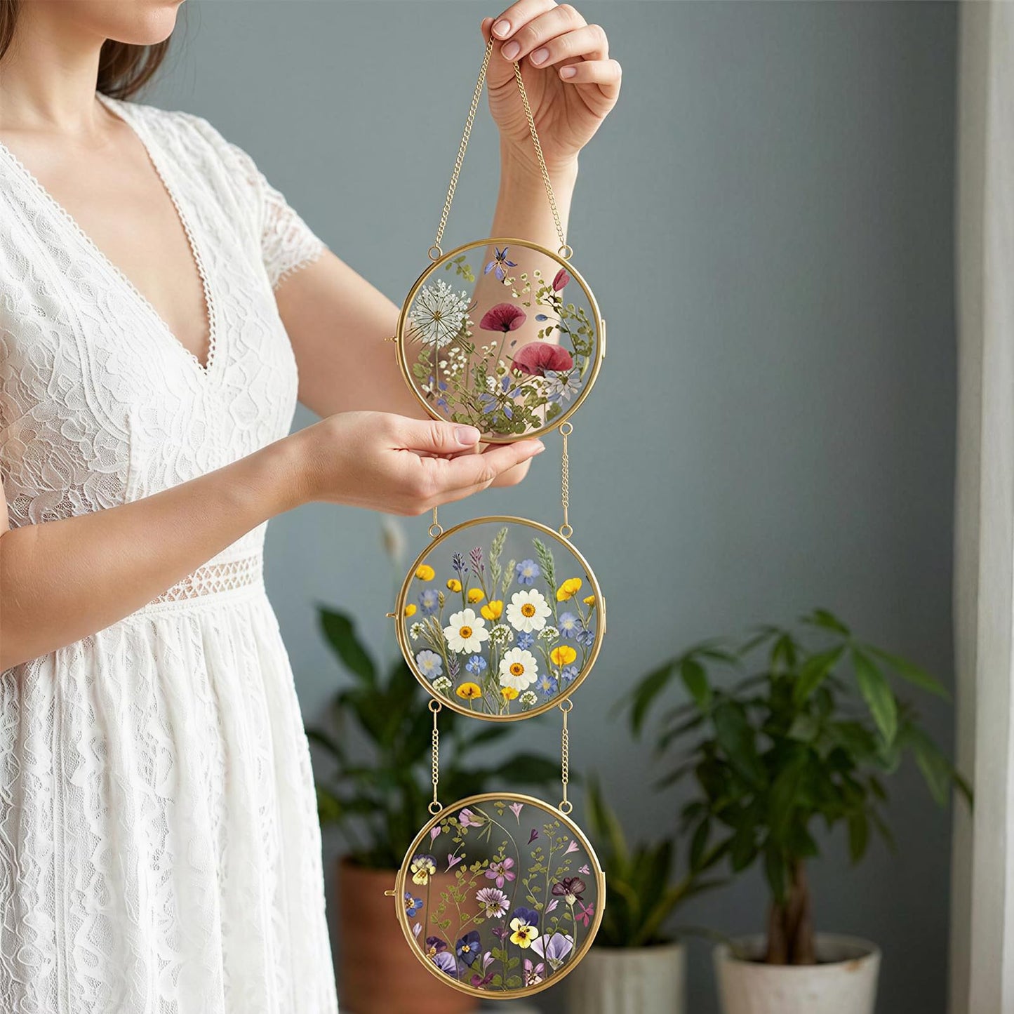FOCHIER F Pressed Flower Frames with Tweezers,Wall Hanging Double Glass Frames with Metal Chain for Pressed Dried Flowers,Gold Picture Frame with Plants Golden Tabletop Décor, Horizontal and Vertical