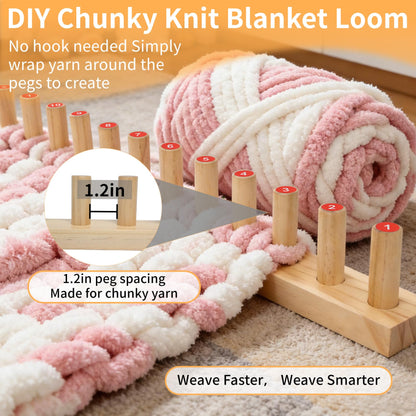 𝙉𝙚𝙬 60" Chunky Yarn Loom, Adjustable Looms for Chunky Blankets, Premium Wood with Tool-Free Assembly, Beginner Friendly Hand Knitting Kit for DIY Blankets and Thoughtful Gift Making