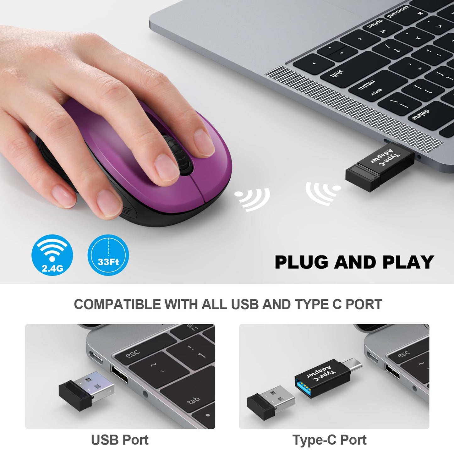 WisFox 2.4G Wireless Mouse for Laptop, Ergonomic Computer Mouse with USB Receiver and 3 Adjustable Levels, 6 Button Wireless Mice for Windows Mac PC Notebook (Grey)