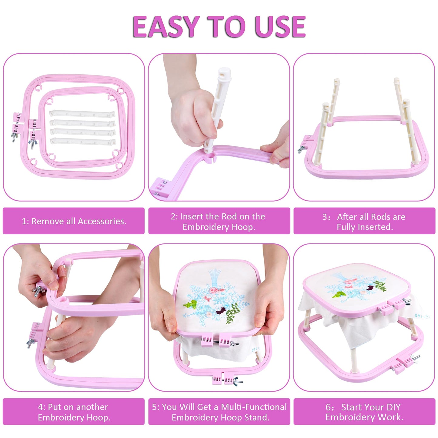 guofa Square Embroidery Hoop Stand，ABS Plastic Cross Stitch Stand, Embroidery Hoop Holder for DIY Craft, Punch Needle Hoop, Sewing Needlepoint Frame Stand (pink)