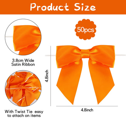 TONIFUL 50pcs Orange Satin Ribbon Bows with Twist Tie, 4.5 Inch Decorative Bows for Gift Wrapping, Bottles, Christmas Tree, Wedding, Baby Shower, Birthday Party Decorations,Thanksgiving,Halloween