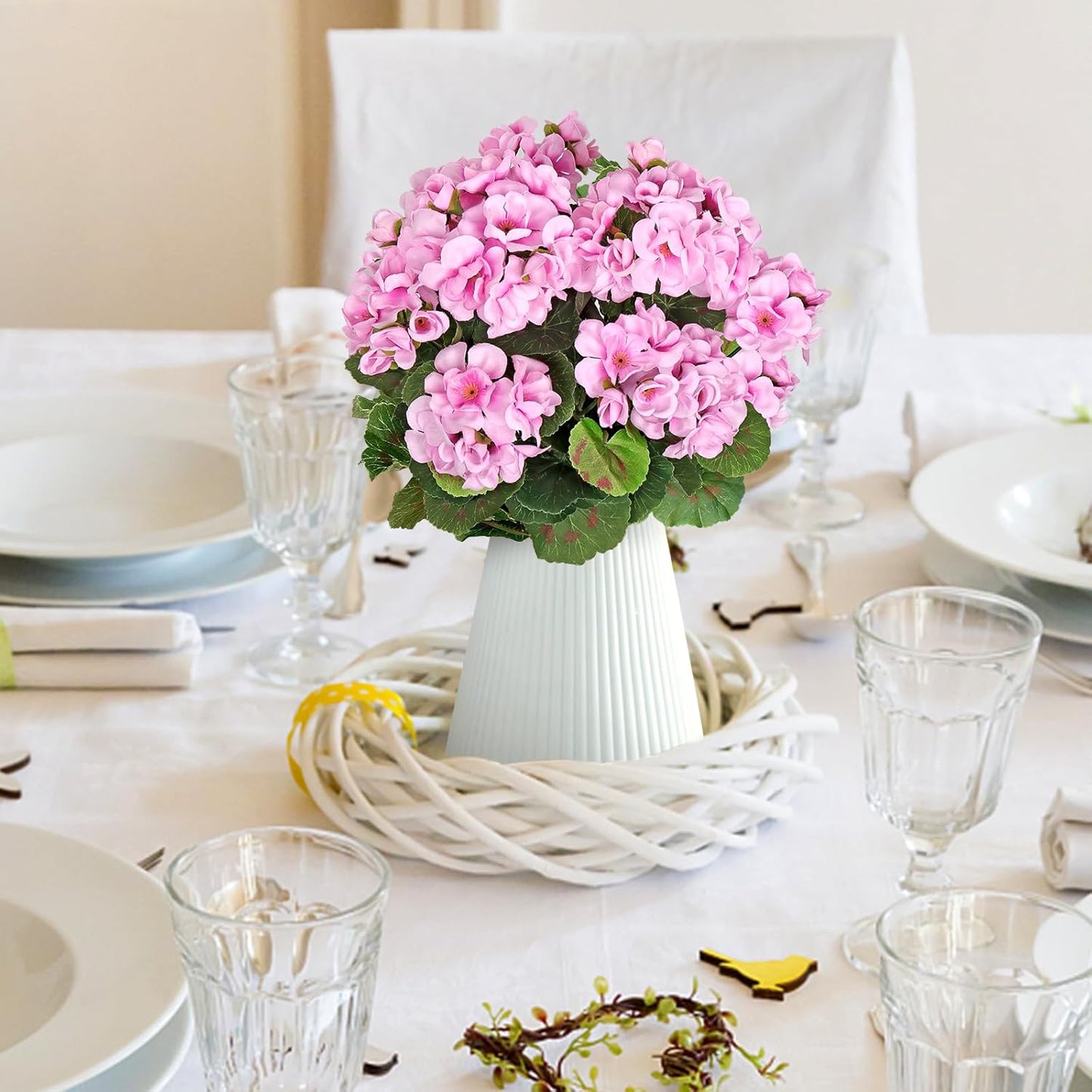 TOCHGREEN Artificial Fake Flowers, Purple Pink Geranium Silk Bush 2 Bundles for Outdoor Decor