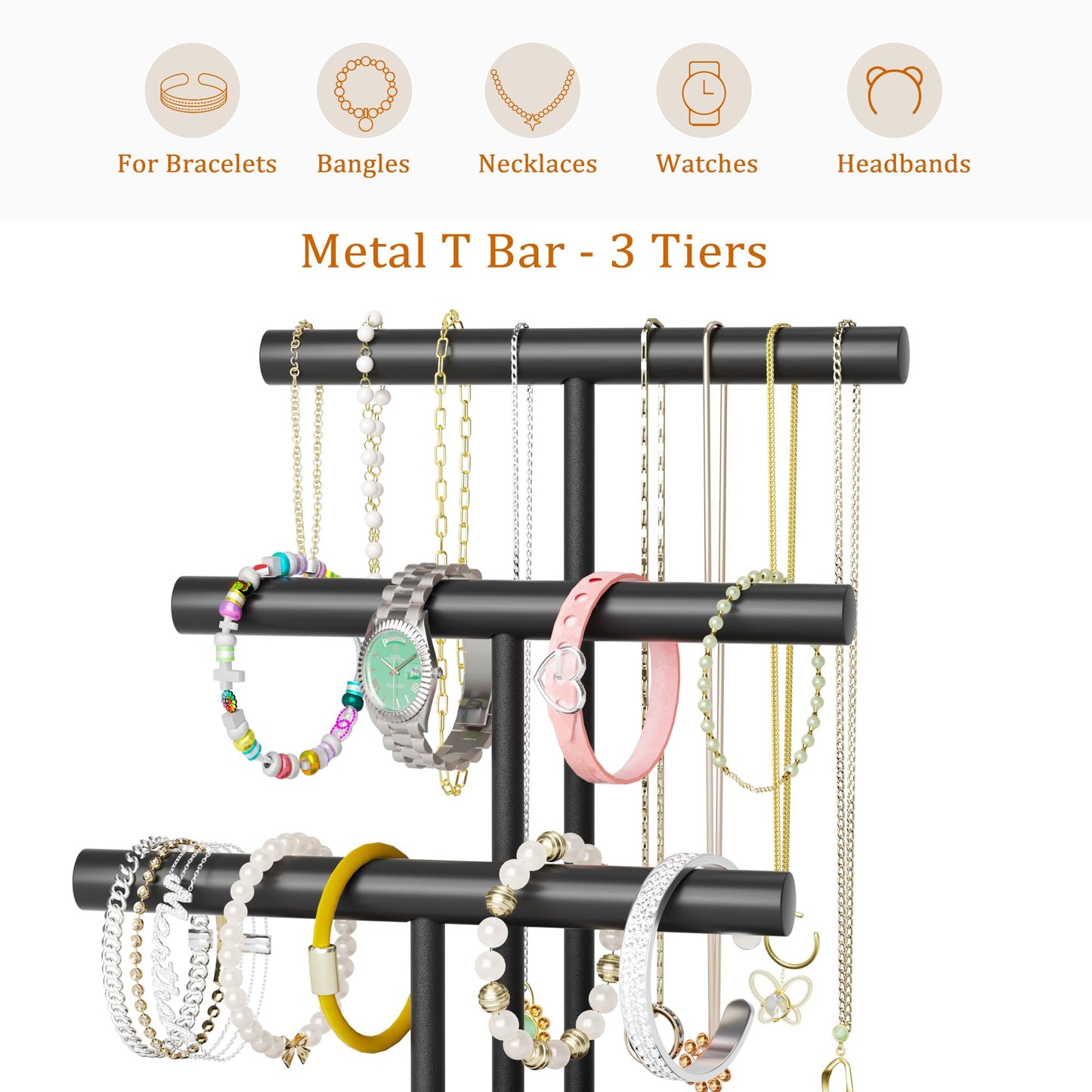 SZQINJI Bracelet Holder Display Organizer Stand, Necklace Holder Jewelry Holder Stand, Solid Wood Base with 3 Tier Metal T-bar for Bracelet Necklace Scrunchie Wristband Bangle Watch Ring, Black
