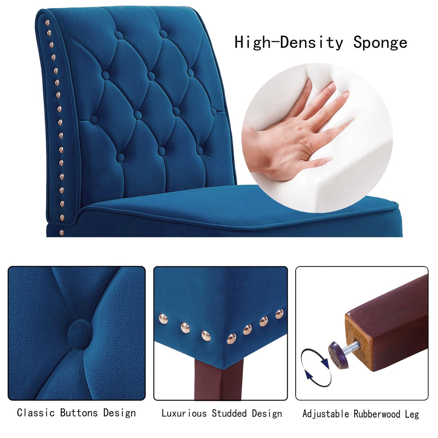 DRM'SCUUM Armless Accent Chairs Slipper: 2PCS Tufted Buttons Slipper Chairs Dining Chairs with Nails Decorative Side Chair for Bedroom Living Room Kitchen (Blue)