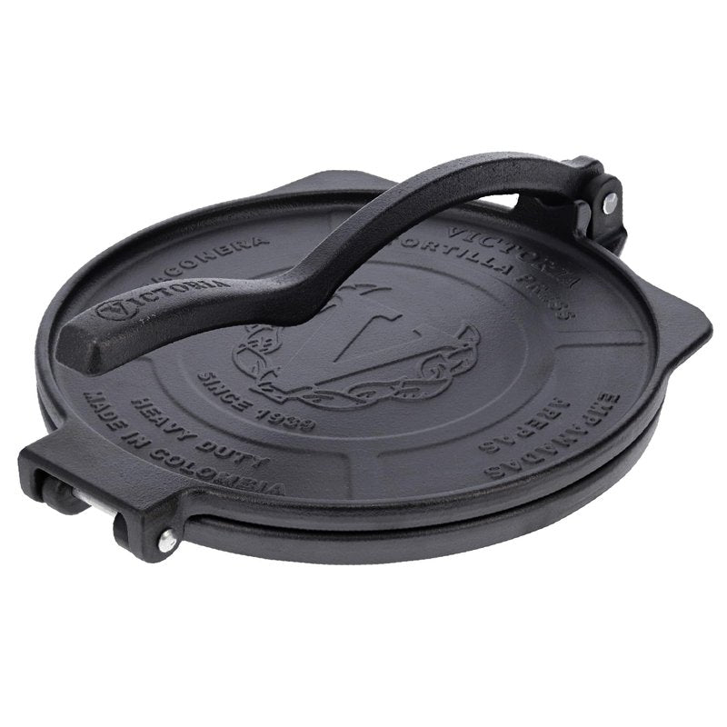 Victoria 10-Inch Cast Iron Tortilla Press HD Spherrous, Commercial-Grade Cast Iron Tortilla Maker, Roti Press, Pataconera Seasoned with Flaxseed Oil, Made in Colombia, Black