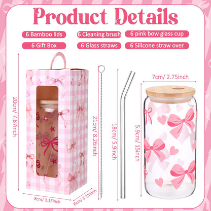 Zhehao 6 Set Cute Coquette Pink Bow Glass Cup Gift Set 16oz Aesthetic Iced Coffee Cup with Lids and Straws Toppers Brushes Gift Boxes Coquette Bow Party Favor Gifts for Girls Women Bridesmaid Mother