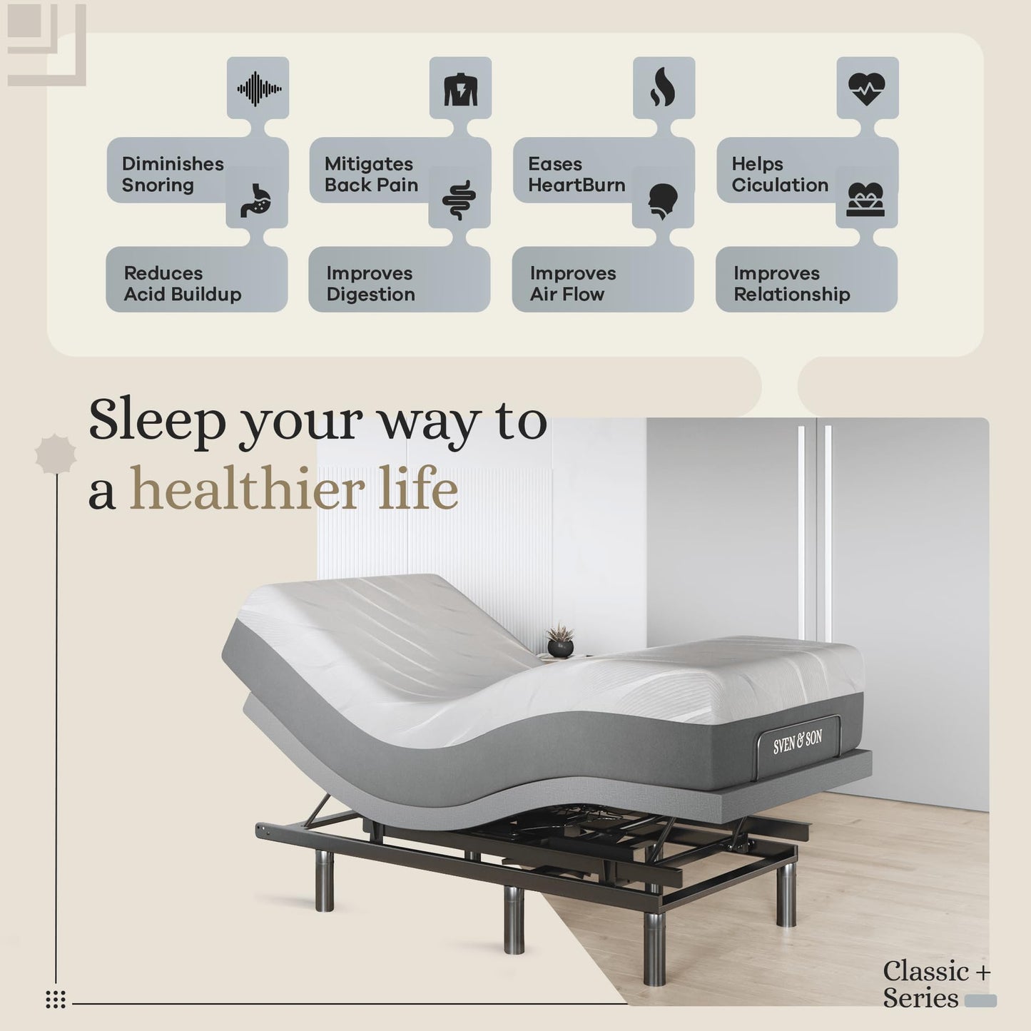 Sven & Son Harmony Adjustable Bed Base, Head and Foot Lift, Massage, Under-Bed Lights, USB, Gel Memory, Zero Gravity Smart Frame - Twin XL + 10 inch Memory Foam Matt (Firm)