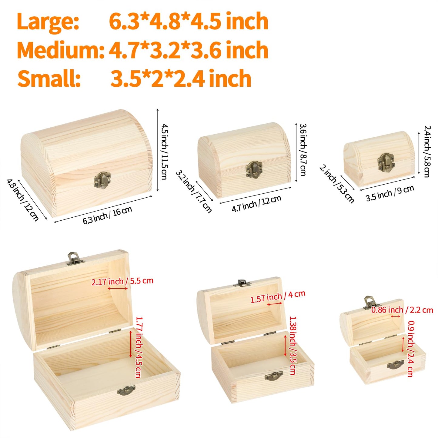 BAOPEND 3 Pieces Unfinished Wooden Storage Box with Lid and Latch, Decorative Treasure Chest for Jewelry Keepsakes Crafts, Natural Pine Wood Organizer for Home Office Gift (Small+Medium+Large)