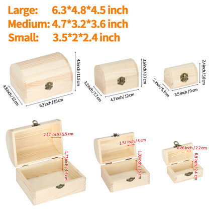 BAOPEND 3 Pieces Unfinished Wooden Storage Box with Lid and Latch, Decorative Treasure Chest for Jewelry Keepsakes Crafts, Natural Pine Wood Organizer for Home Office Gift (Small+Medium+Large)