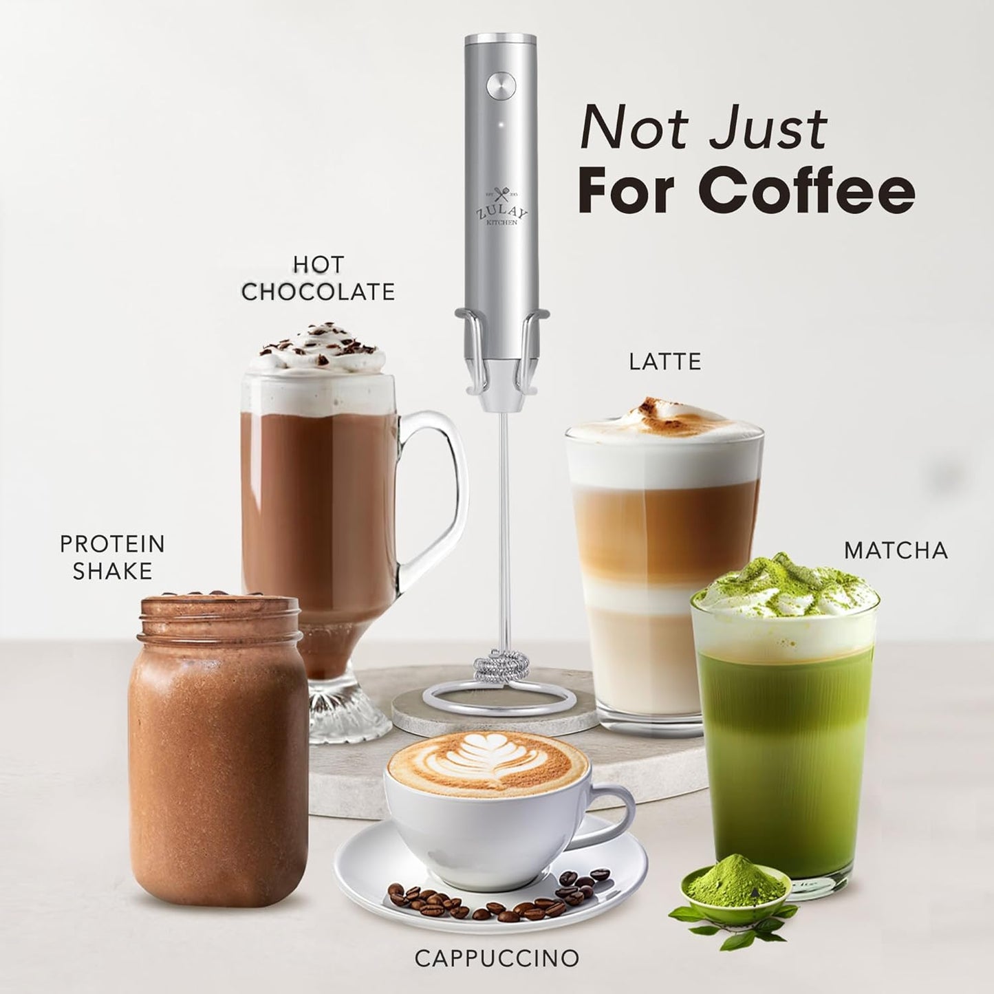 Zulay Kitchen Rechargeable Milk Frother - Powerful 2-Speed Mixer with 4 Whisks | Waterproof, 2000mAh Battery - Silver