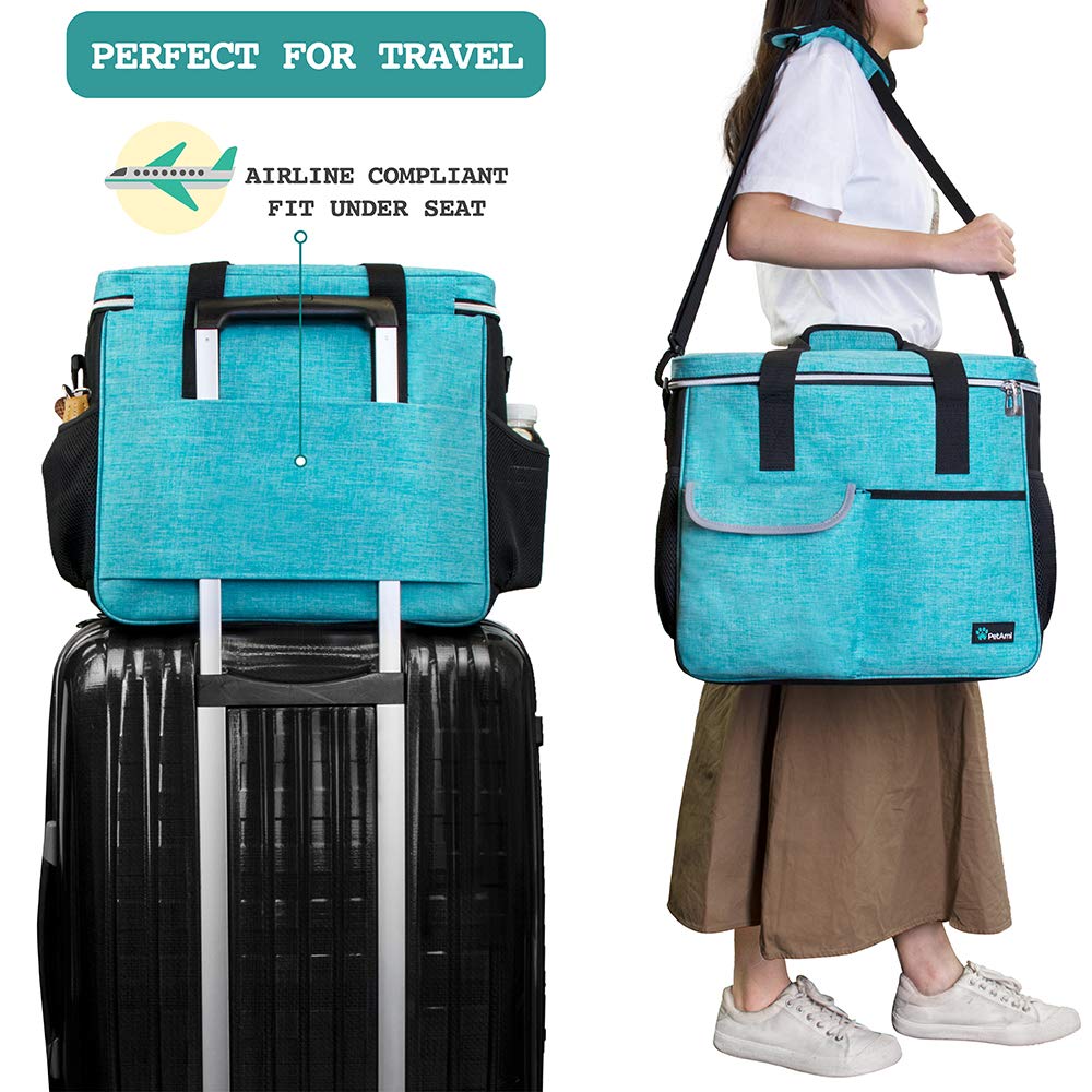 PetAmi Travel Bag Organizer - Dog & Cat Diaper Bag with Food Container and Bowls, Perfect for Weekend Camping (Sea Blue, Large)
