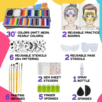 OPHIR Professional Face Painting Kit for Kids & Adults, 5.14 oz Non Toxic Water Activated Rainbow Split Cake Face Paint with Stencils, Brushes, Practice Boards for Summer Fun Halloween Party Festivals