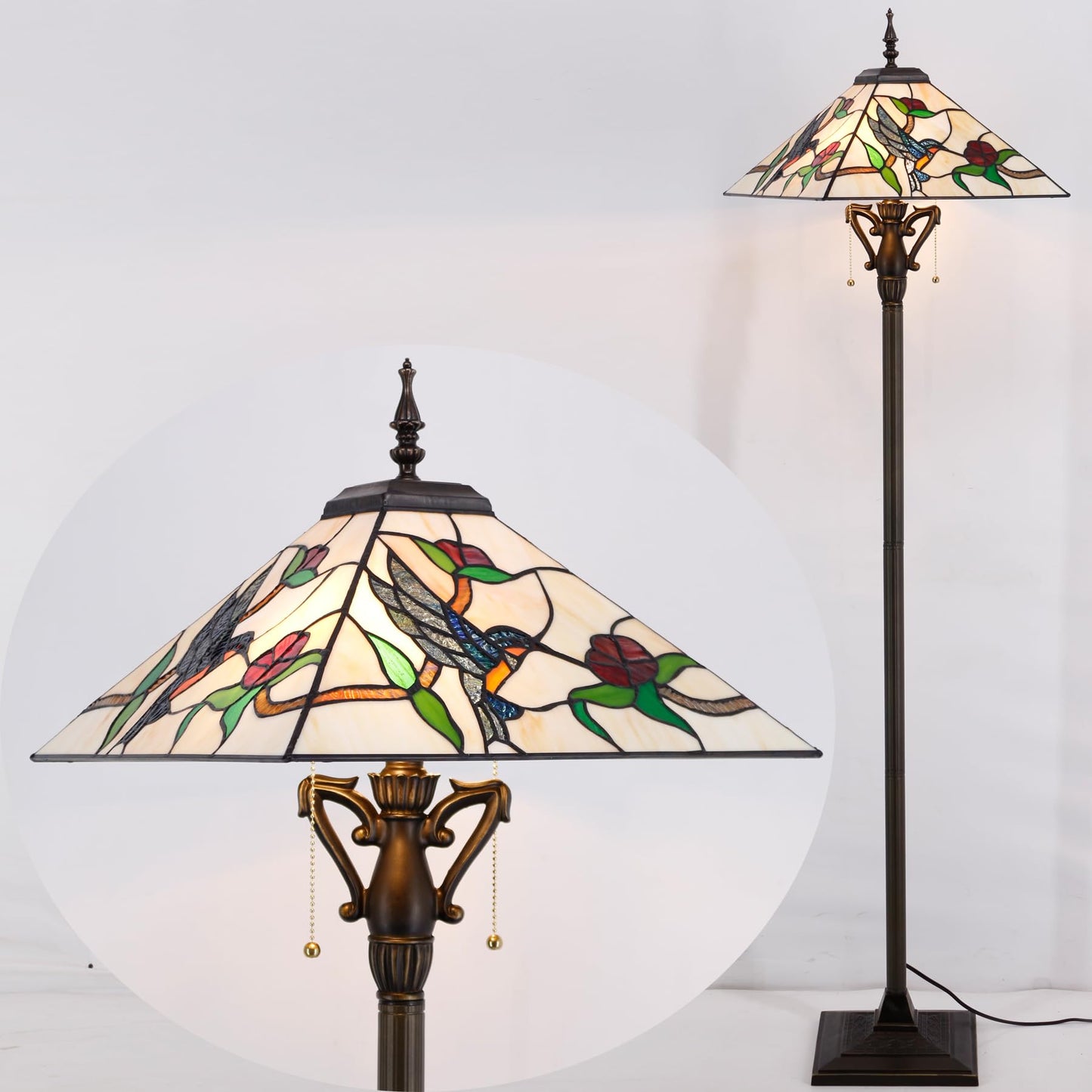 AVIVADIRECT Tiffany Floor Lamp Amber Hummingbird Mission Style Stained Glass Standing Reading Light 16X16X64 Inch