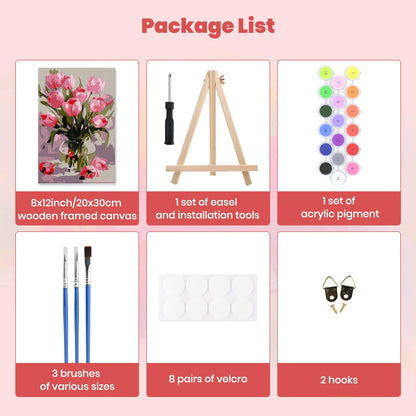 MXJSUA Pink Tulips Framed Paint by Numbers Kit for Adults Beginner with Wooden Easel, Adults' Paint-by-Numbers on Canvas, Easy DIY Acrylic Number Painting for Home Decor Gifts, 8x12 inch