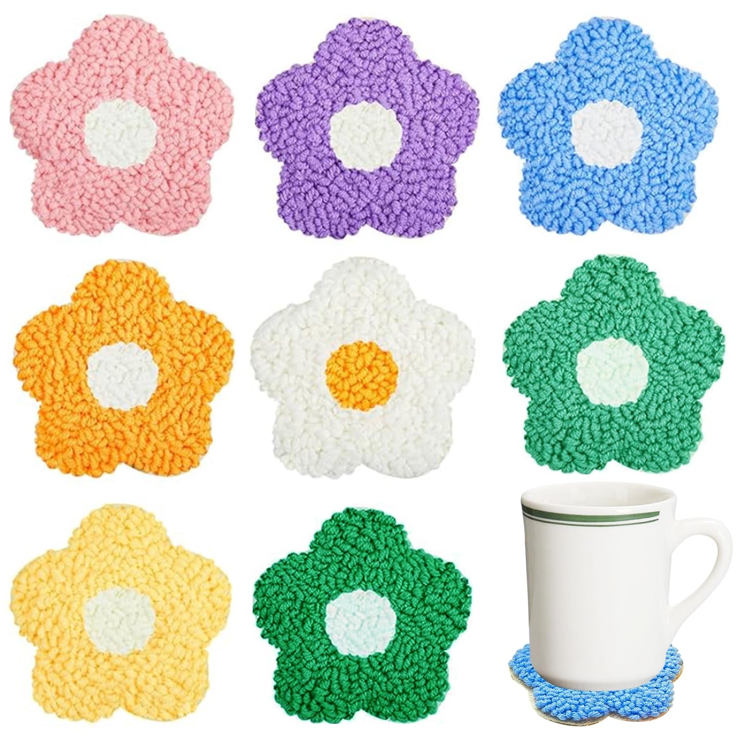 Allazone 8 PCS Punch Needle Coasters Kit, Flower Embroidery Punch Needle Kits, Punch Embroidery Kit with Felt Yarns Hoop Tools for DIY Crafts