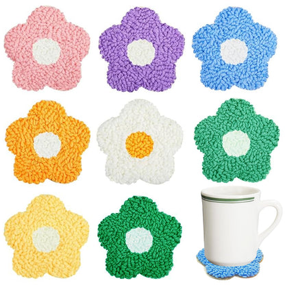 Allazone 8 PCS Punch Needle Coasters Kit, Flower Embroidery Punch Needle Kits, Punch Embroidery Kit with Felt Yarns Hoop Tools for DIY Crafts