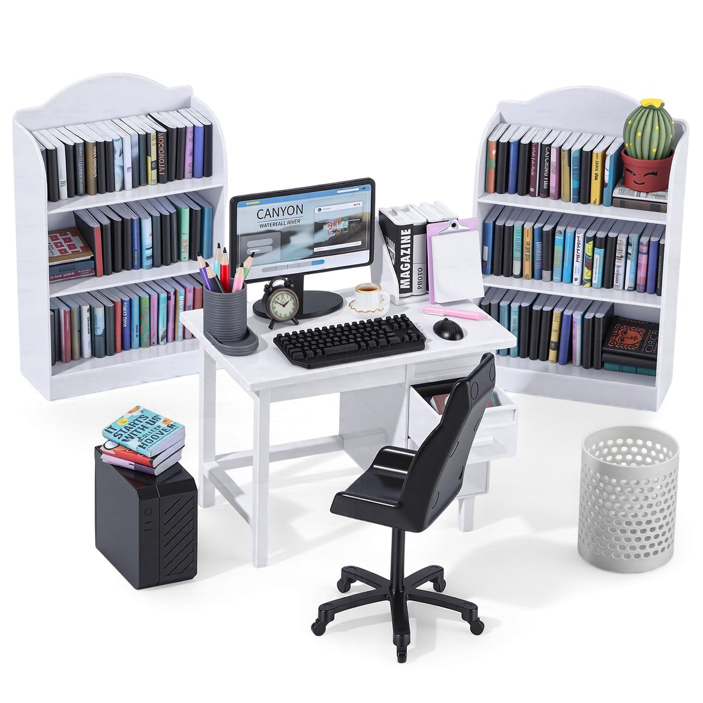 1:12 Scale Mini Desk Set with 100 Mini Books & 2 Bookshelves — Miniature Dollhouse Furniture Set with Office Chair, Computer & 15+ Accessories — Mini Desk Accessories for Doll House Diorama