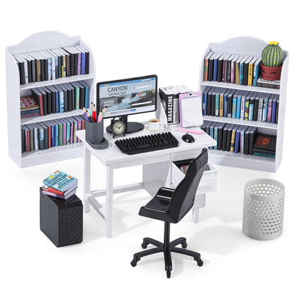 1:12 Scale Mini Desk Set with 100 Mini Books & 2 Bookshelves — Miniature Dollhouse Furniture Set with Office Chair, Computer & 15+ Accessories — Mini Desk Accessories for Doll House Diorama