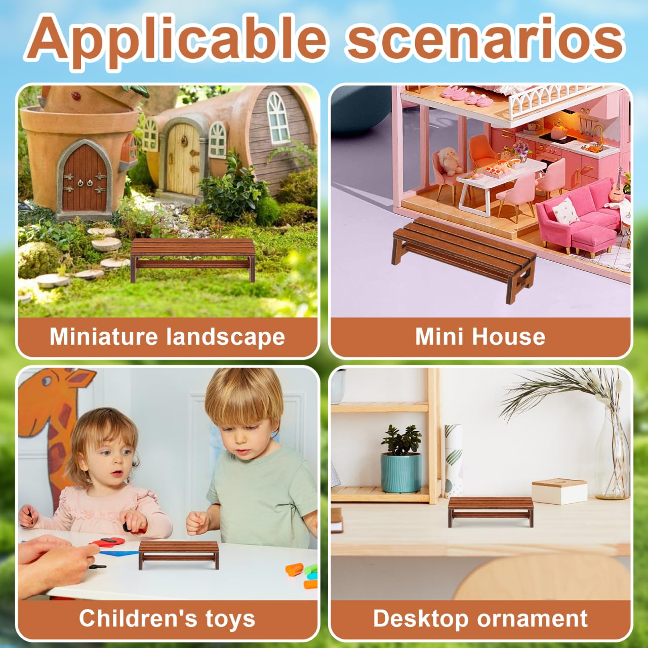 ibasenice 2Pcs Miniature Dollhouse Bench Set - 1:12 Scale Wooden Park Chair Furniture Accessories, Tiny Brown Garden Benches for Fairy Gardens, Christmas Village, Crafts, and Photography Props
