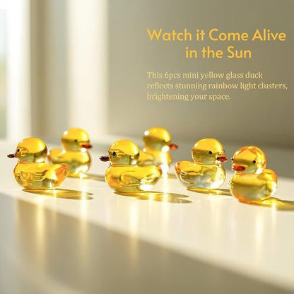 H&D Hyaline & Dora Mini Yellow Glass Duck Figurines - 6 Pcs Crystal Animal Sculptures for Home Decor | 1.3 Inch