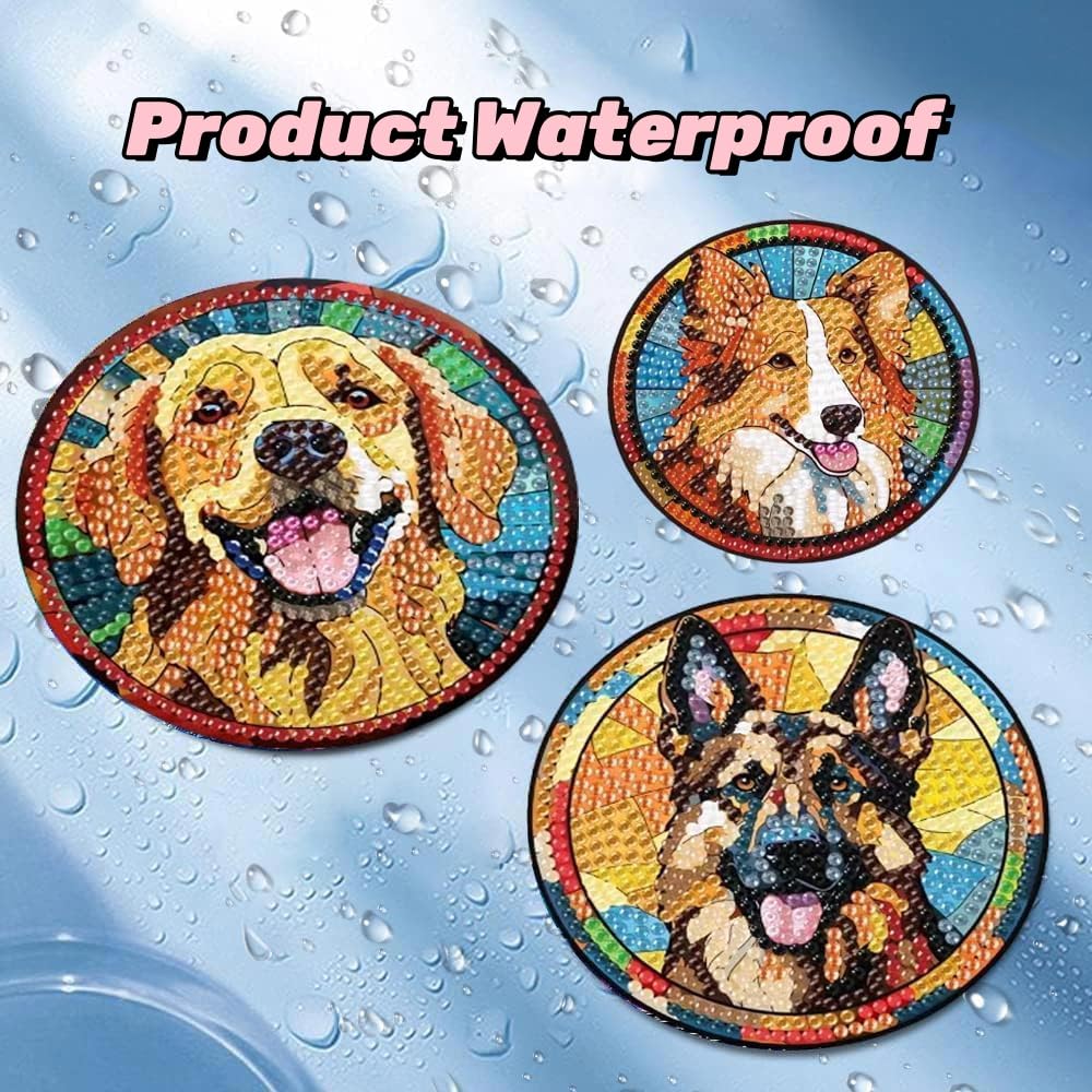 Puraikcmi 6pcs Dogs DIY Diamond Art Painting Kits Coasters with Holder, Diamond Coasters by Number Adults Crafts Full Drill Round Mosaic Stitch Art Craft Supplies