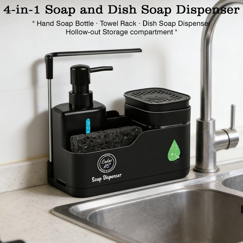 Kitchen Soap Dispenser Set (Black) – 4 in 1 Dual Pump Bottles with Sponge Caddy, Brush Holder, Towel Bar & Drain Rack – Space-Saving Countertop Organizer for Sink & Bathroom