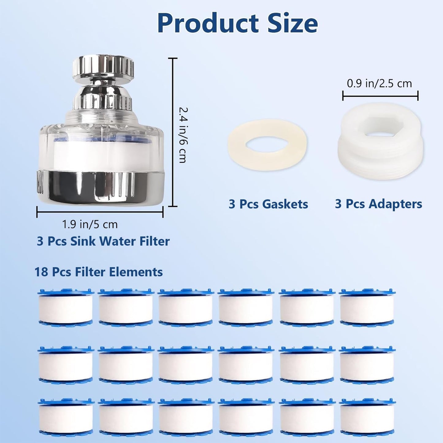 Dexspoeny 3 Pcs of Sink Water Filter and 18 Filter Elements Set, Sink Faucet Filter 360°Rotating, Bathroom Sink Filter Removes Fluoride Hard Water, Faucet Filter Faucet Extender for Home Kitchen Sink