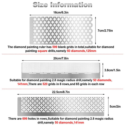 WILLBOND 3 Pieces Diamond Painting Ruler Stainless Steel Mesh Ruler 520 599 699 Blank Grids with 2 Pieces Fix Tool for 5d DIY Diamond Painting Supplies Art Crafts
