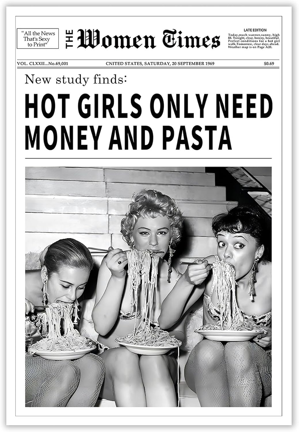 Generic 24x36inch Vintage Women Times Newspaper Canvas Wall Art Black and White Aesthetic Poster Funky Hot Girl Eating