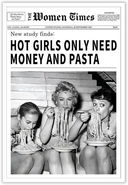 Generic 24x36inch Vintage Women Times Newspaper Canvas Wall Art Black and White Aesthetic Poster Funky Hot Girl Eating
