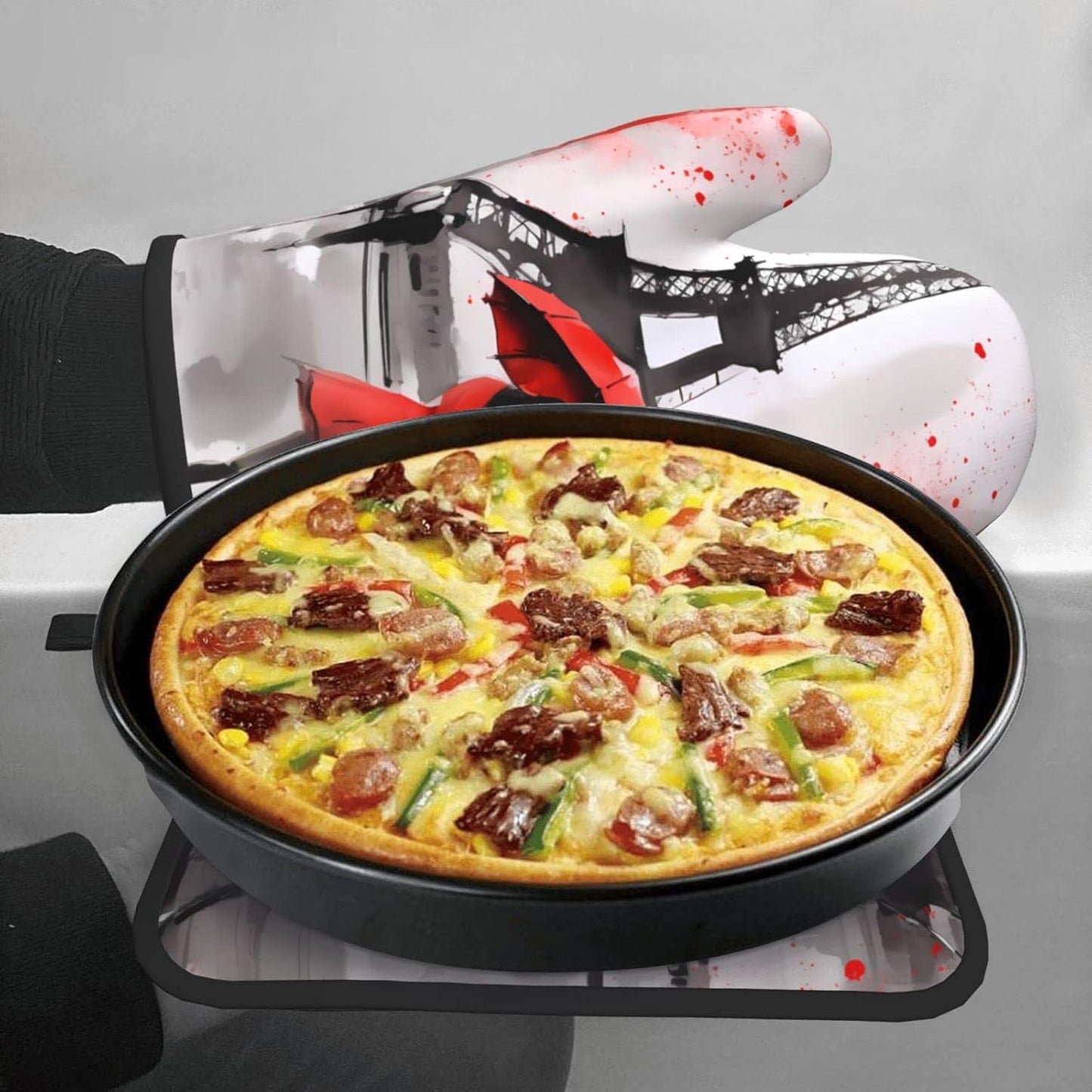 Oven Mitt and Pot Holders 2 Sets, Non-Slip BBQ Gloves with Eiffel Tower Flower Kitchen Design